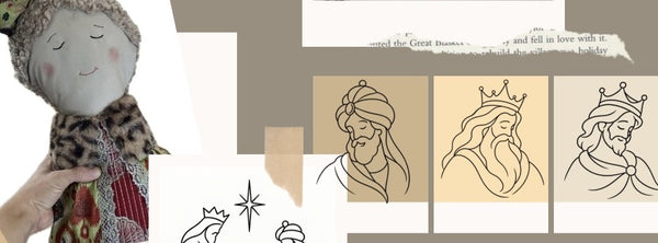 Muñeco de tela de un rey mago junto a los dibujos del manual de costura de los Reyes Magos