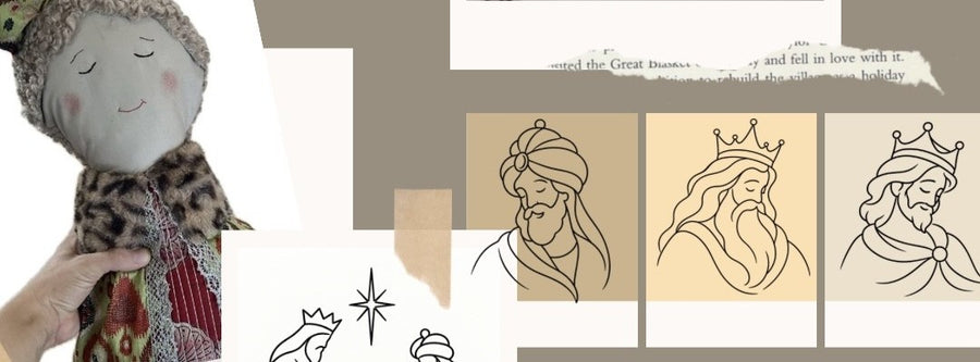 Muñeco de tela de un rey mago junto a los dibujos del manual de costura de los Reyes Magos