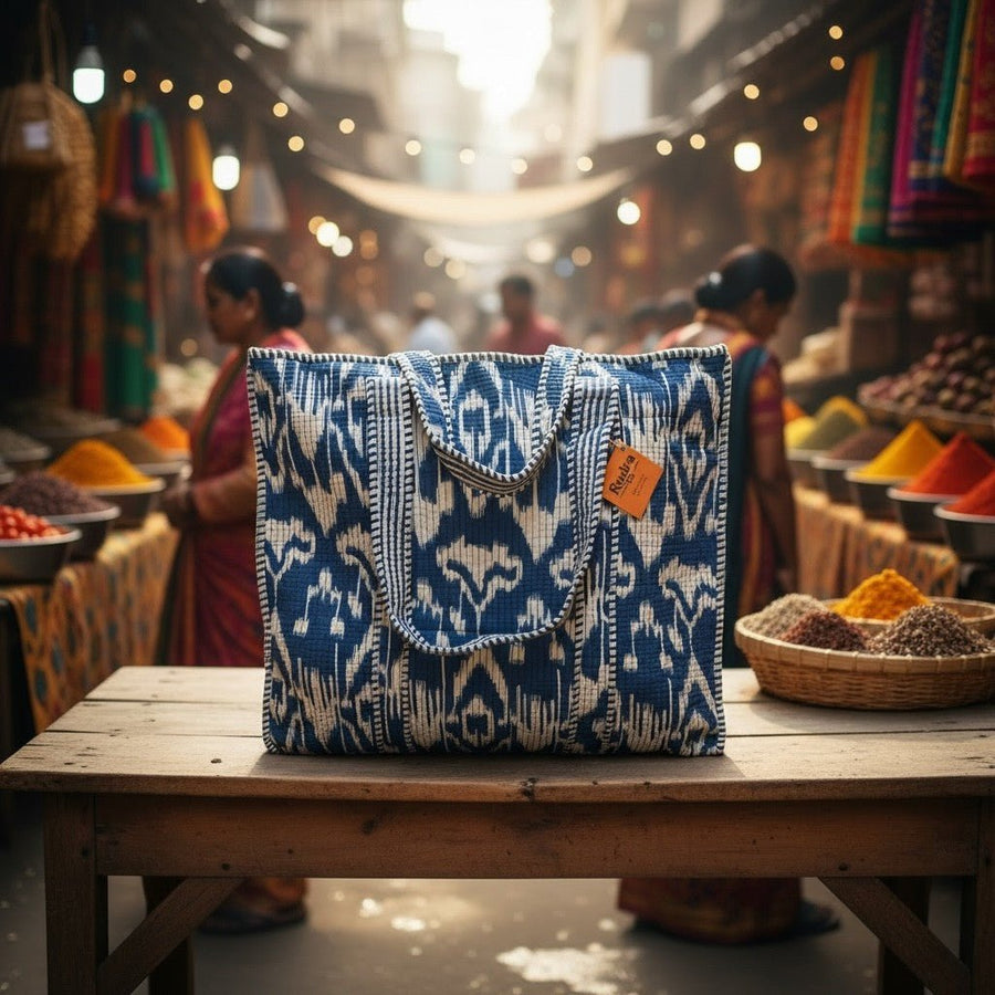 Tote bag acolchada Nilgiri con estampado tipo ikat en azul índigo y blanco